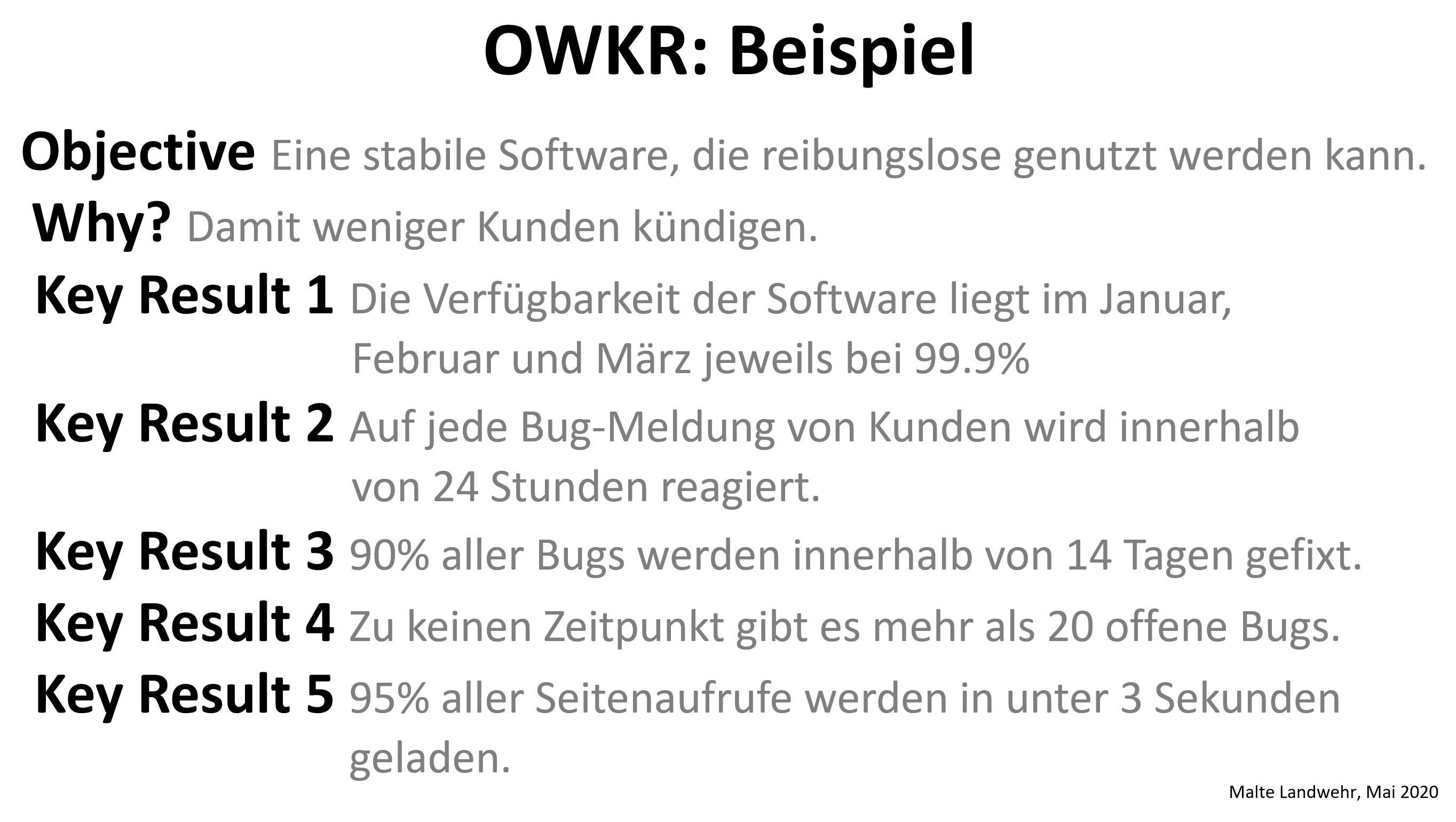 Beispiel-OWKR. Dasselbe Objective wie beim OKR, ergänzt um ein Why: damit weniger Kunden kündigen. Darunter dieselben fünf Key Results.